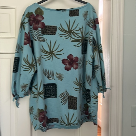 Rolled Hem Light Teal Floral Top 3/4 Sleeves Side Tie 100% Cotton Women’s 2X - Picture 7 of 12